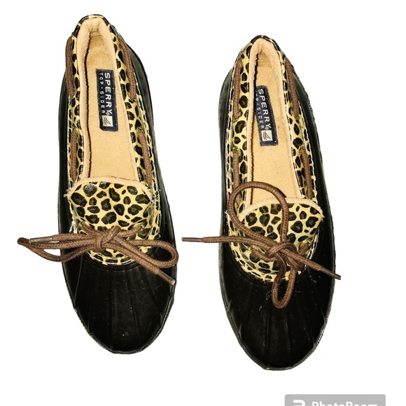 Sperry Waterproof Leopard Print Brown Slip On Duck Boots, 8 - Picture 5 of 10